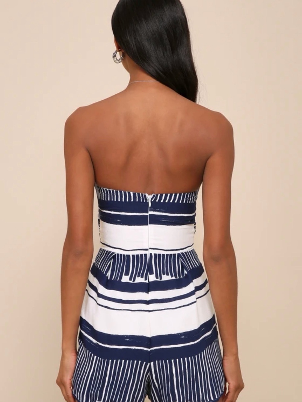 Lulu's Navy & White Strapless Tie-Front Romper - Picture 3 of 8